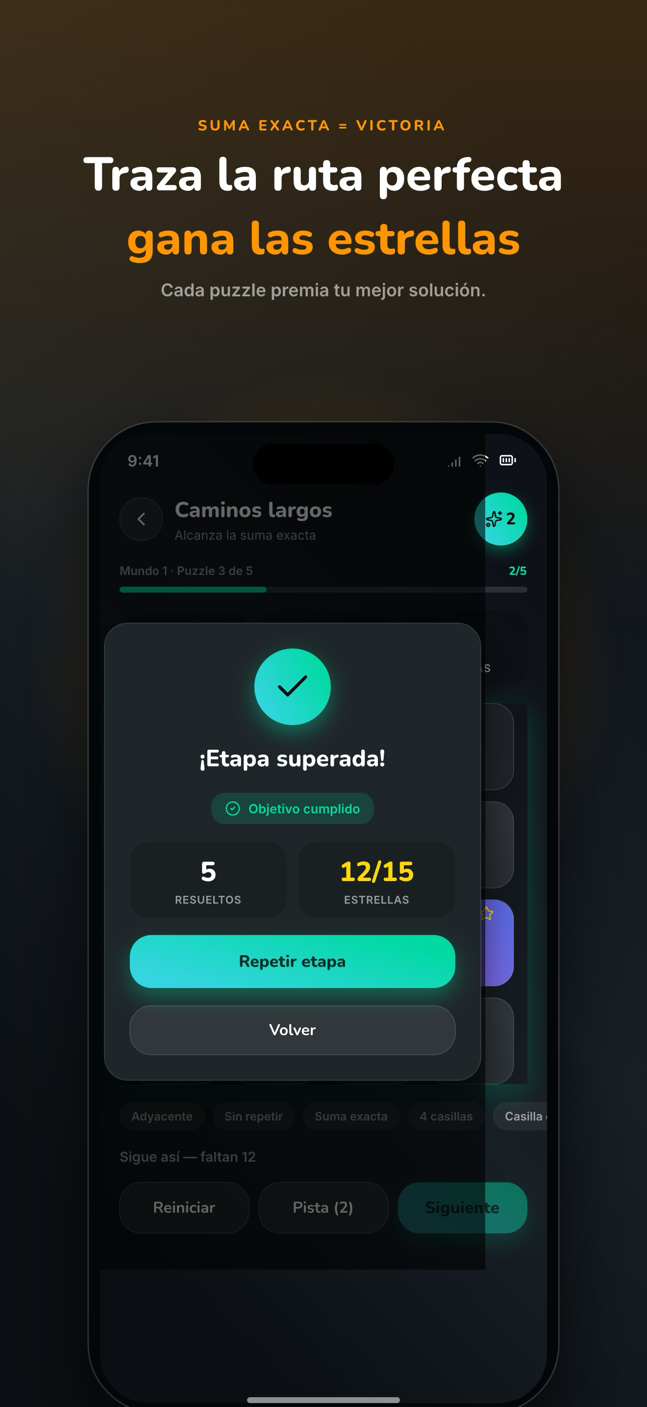 Fase completada en Sumpath — traza el camino perfecto y consigue tres estrellas por tu mejor solución.