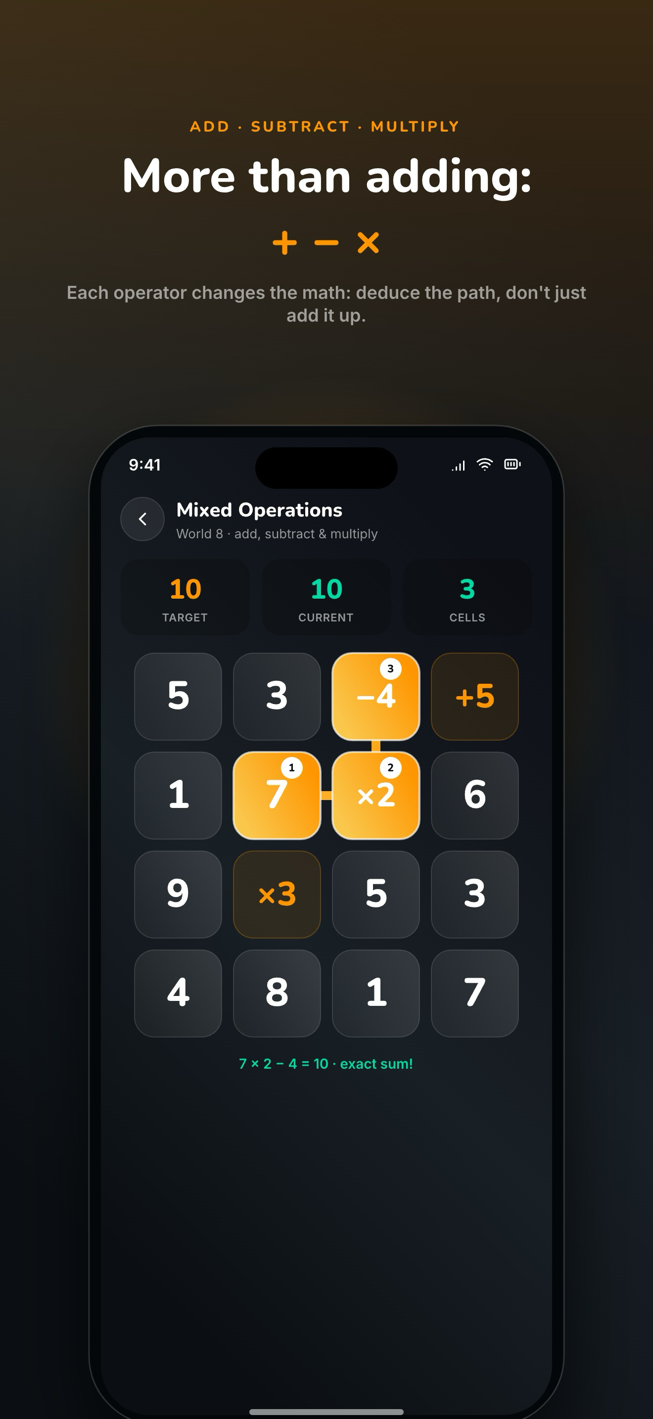Sumpath Mixed Operations world — cells that add, subtract and multiply bend the path, more than just adding up.