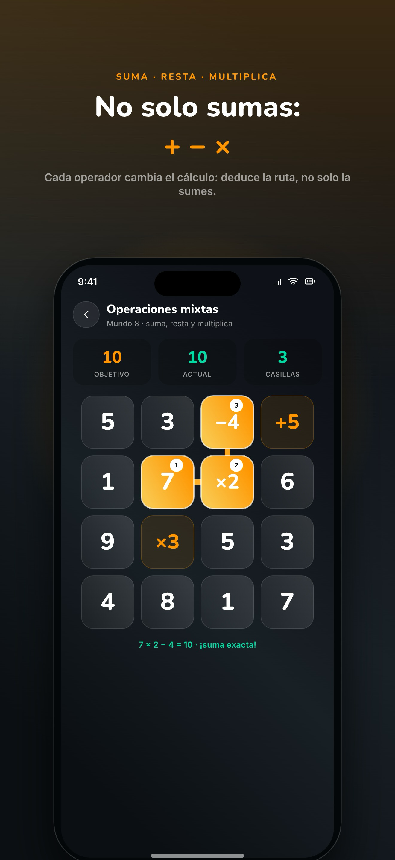 Mundo de Operaciones mixtas de Sumpath — celdas que suman, restan y multiplican retuercen el camino, más que solo sumar.
