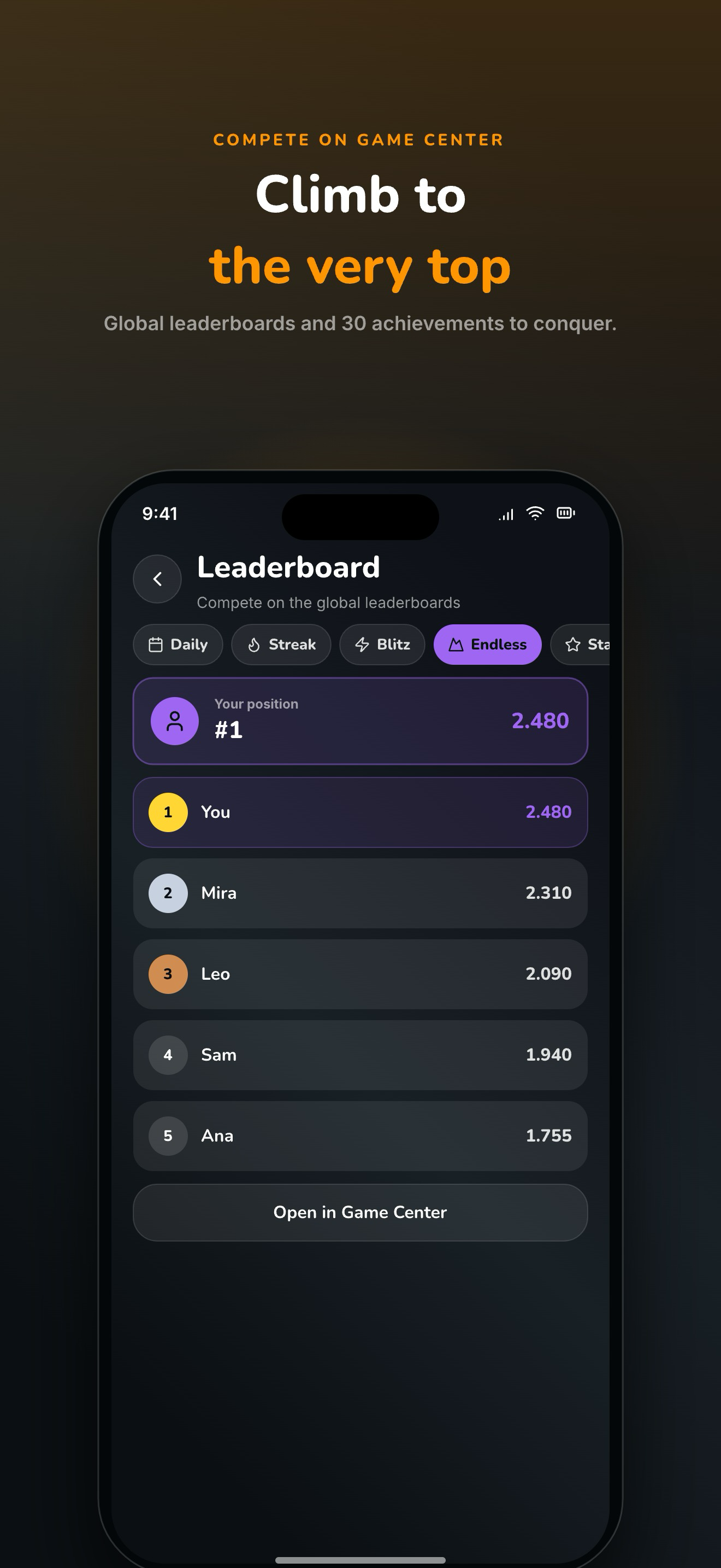 Sumpath Game Center — climb the global leaderboards across Daily, Streak, Blitz and Endless, with 30 achievements to conquer.